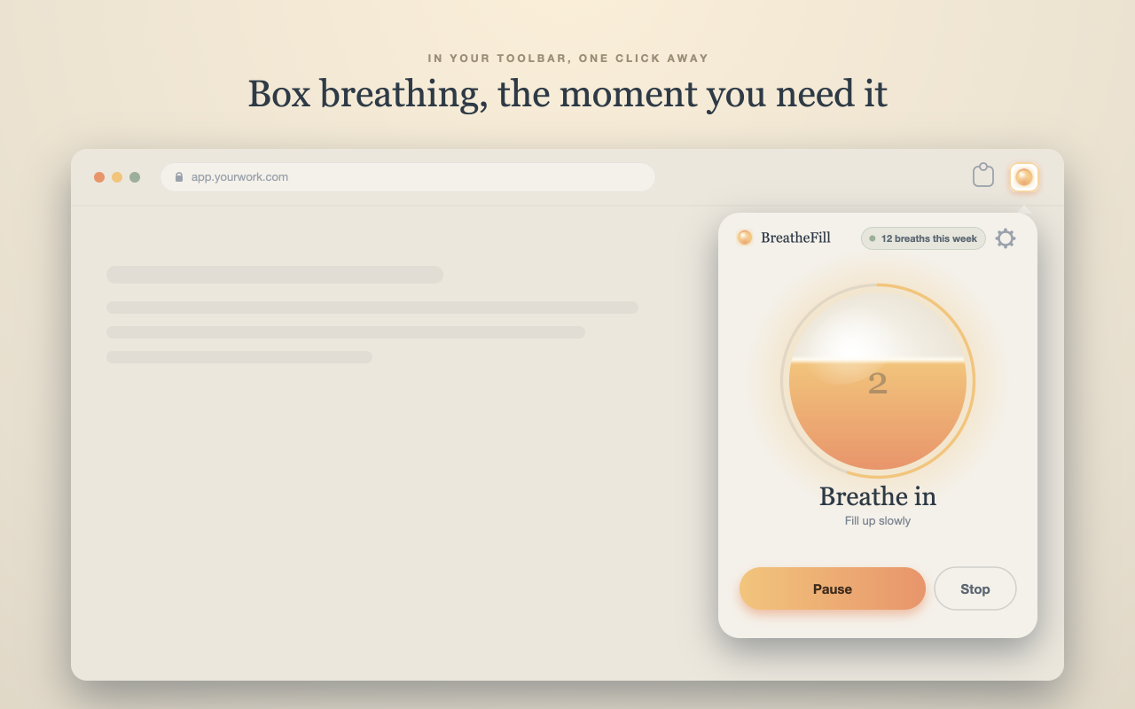 The BreatheFill popup mid-session, the orb filling on Breathe in