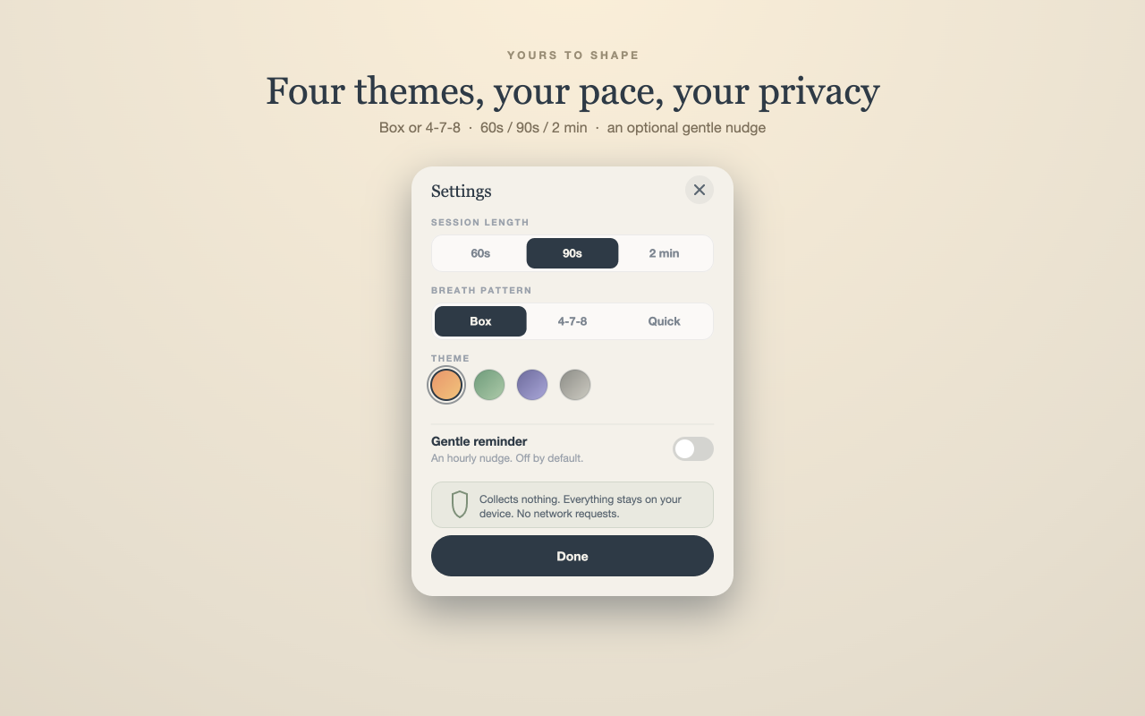 The settings panel with patterns, session length, themes and privacy note